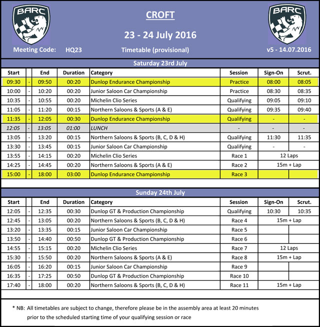 Croft Racing 23/7/16 Timetable